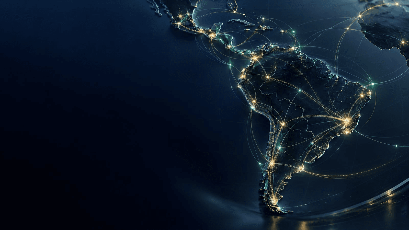 Rede de conexões iluminadas sobre um mapa da América Latina à noite